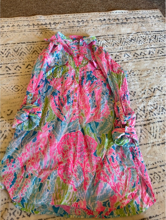Lilly Pulitzer Dresses & Skirts - Lilly Pulitzer Vibrant Pink and Blue Floral Print Tunic Shirt Dress Medium